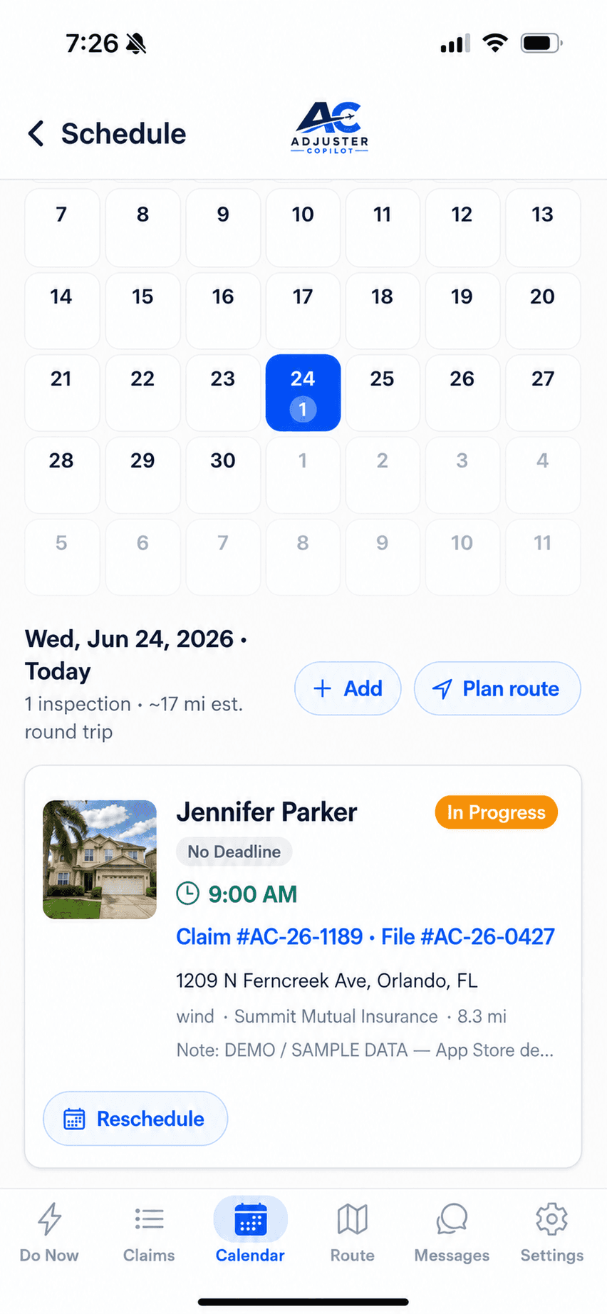 Adjuster Copilot — monthly inspection calendar