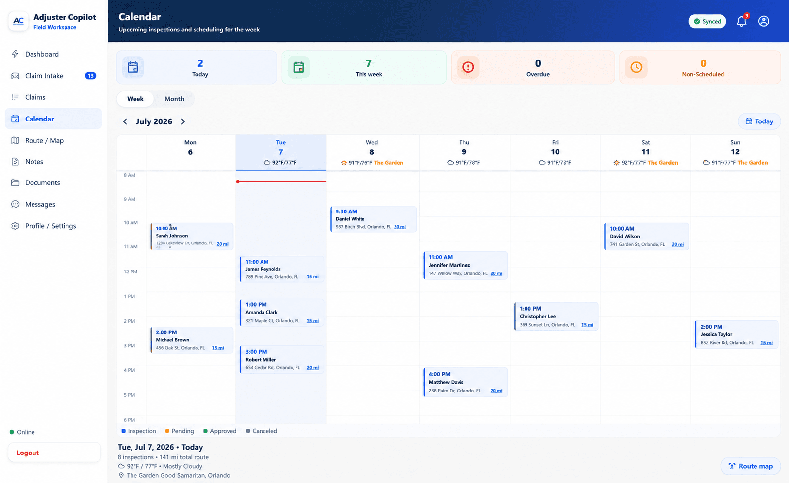 Adjuster Copilot desktop calendar — inspections scheduled across the team's week
