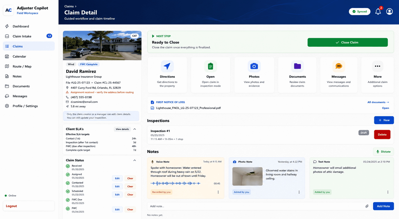 Adjuster Copilot desktop claim detail — photos, notes, messages, documents, inspection status, and generated reports on one claim