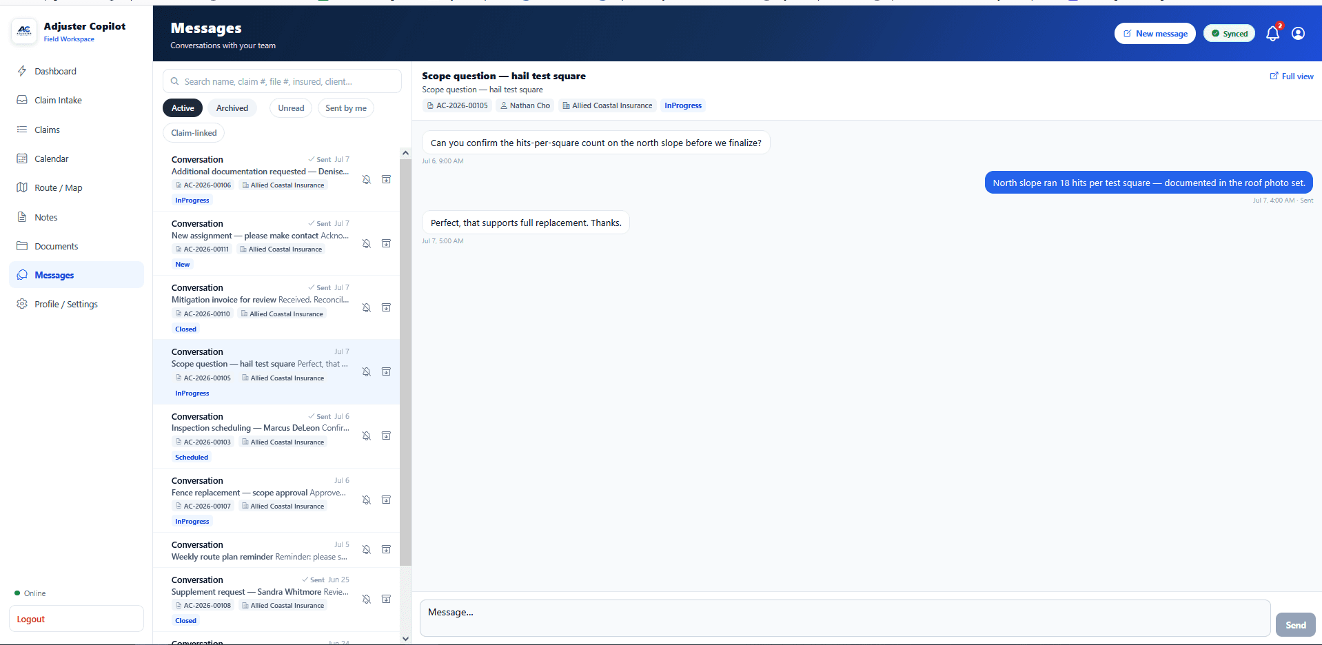 Adjuster Copilot desktop messages — claim conversations tied to the file