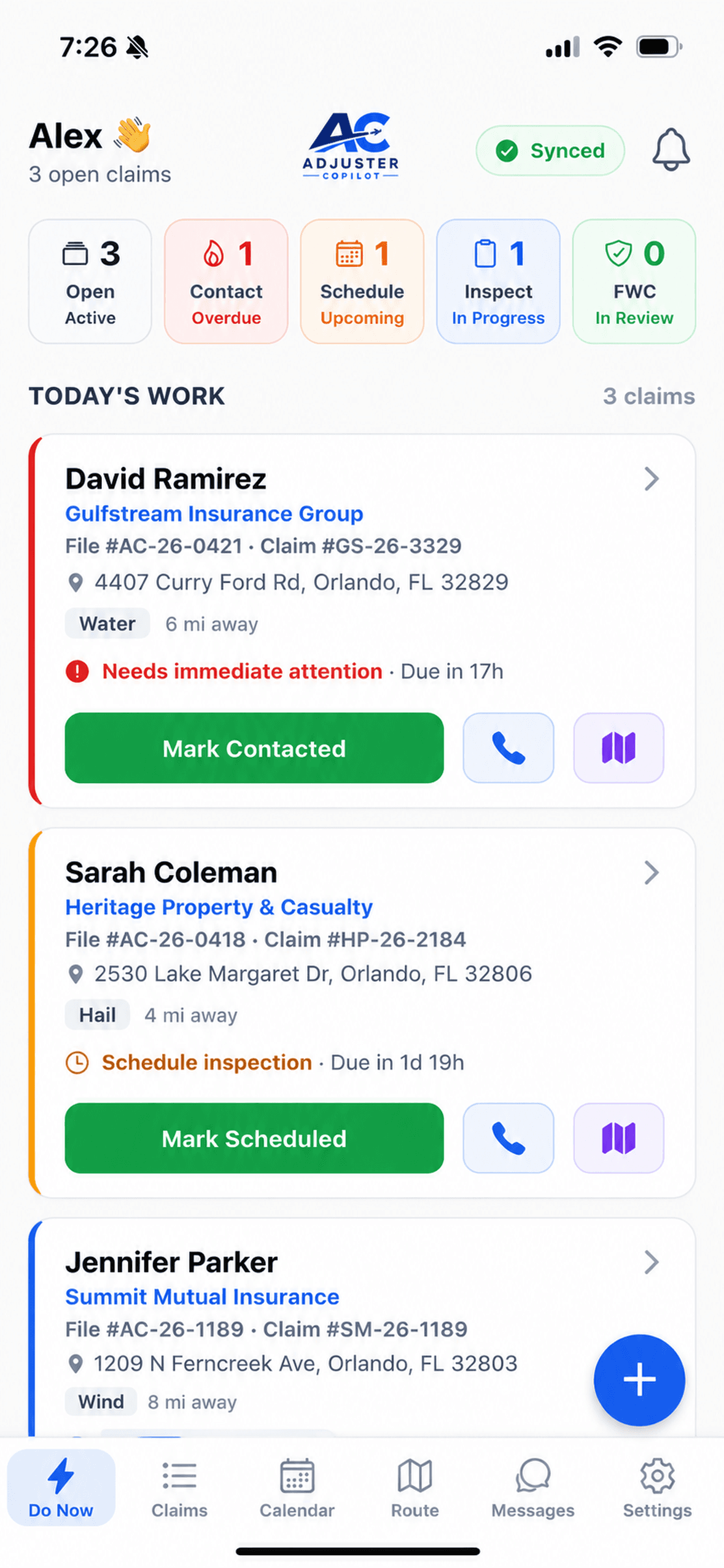 Adjuster Copilot — the day's claims and priorities on the Do Now dashboard