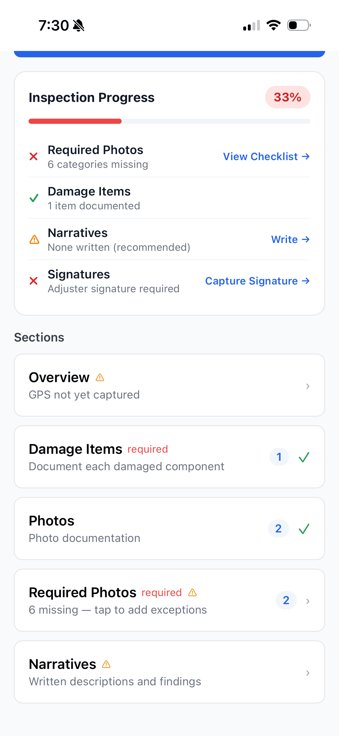 Adjuster Copilot — guided inspection progress with required items tracked
