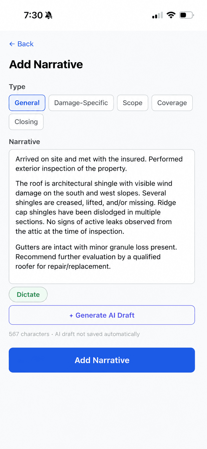 Adjuster Copilot — AI-drafted inspection narrative from field notes