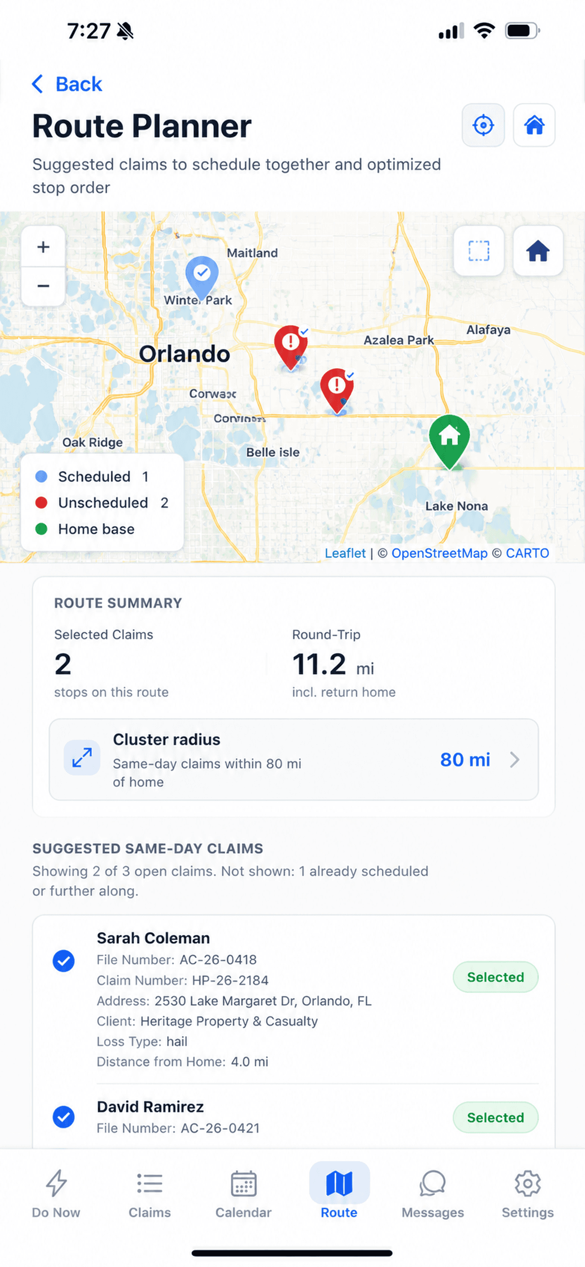 Adjuster Copilot — suggested same-day claims and optimized stop order