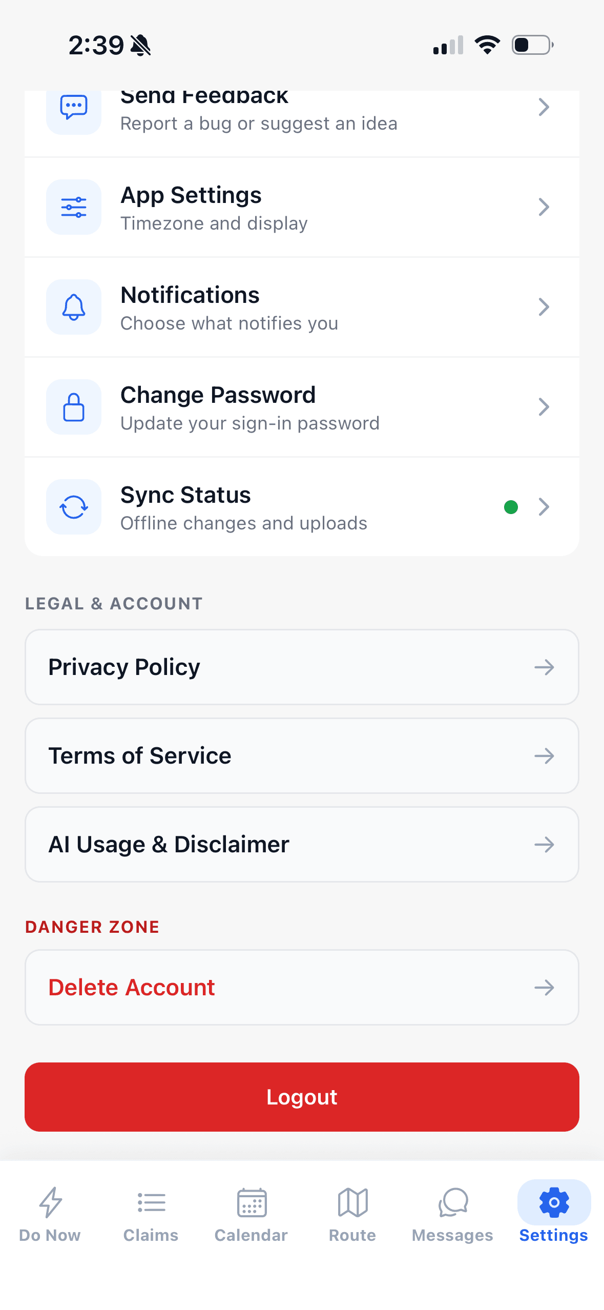 Adjuster Copilot — account controls including in-app deletion, sync status, and AI usage disclosure