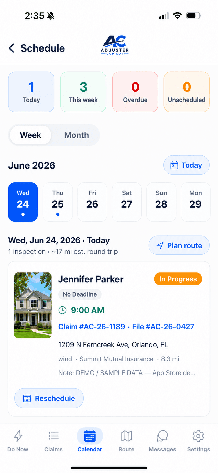 Adjuster Copilot — inspection schedule on the phone